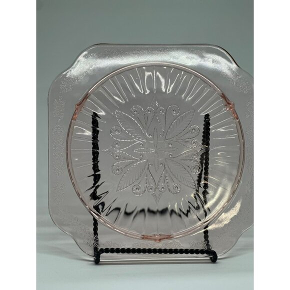 VTG Jeannette Glass Co. Adam Pink Footed Cake Plate Depression Floral Etching - Picture 2 of 9